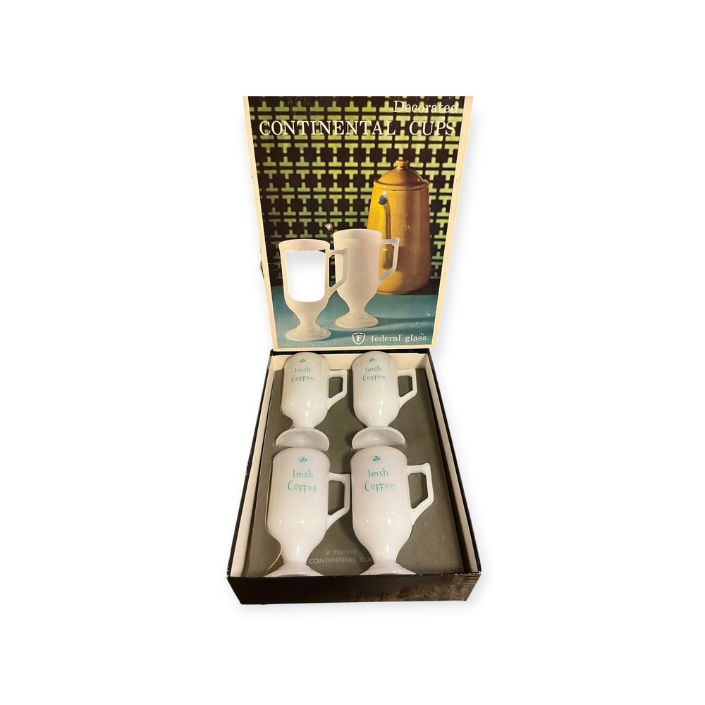 Federal Glass Milk Glass Irish Coffee Mugs Set of 4 Gold Rim VTG in original box